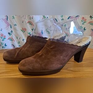 EUC Ugg Brown Mocha Sherpa Line Boho Casual Neutral Mule Clog Shoe SZ 8.5